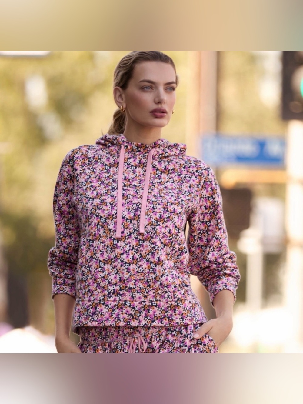 Anthropologie Daily Practice Pink Floral Drawstring Hoodie